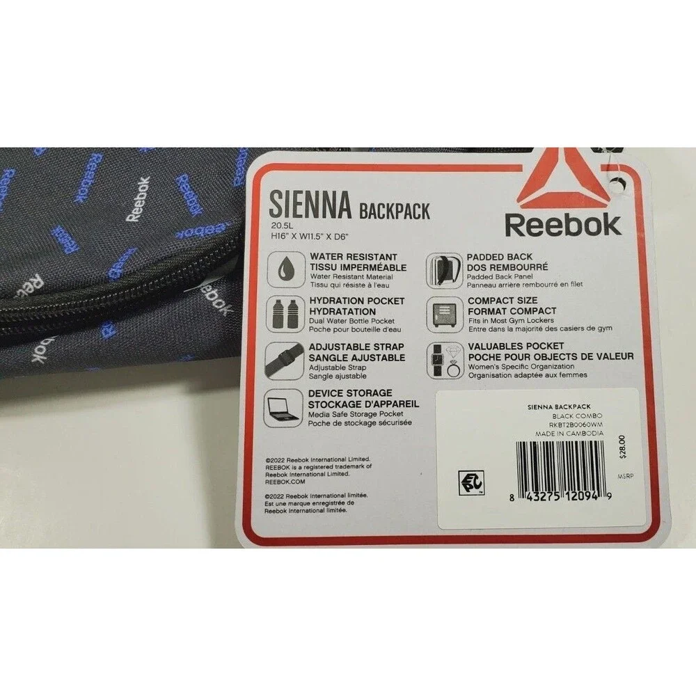 Reebok Sienna Backpack Book Bag Zippered Black Purple Athletic New with Tags